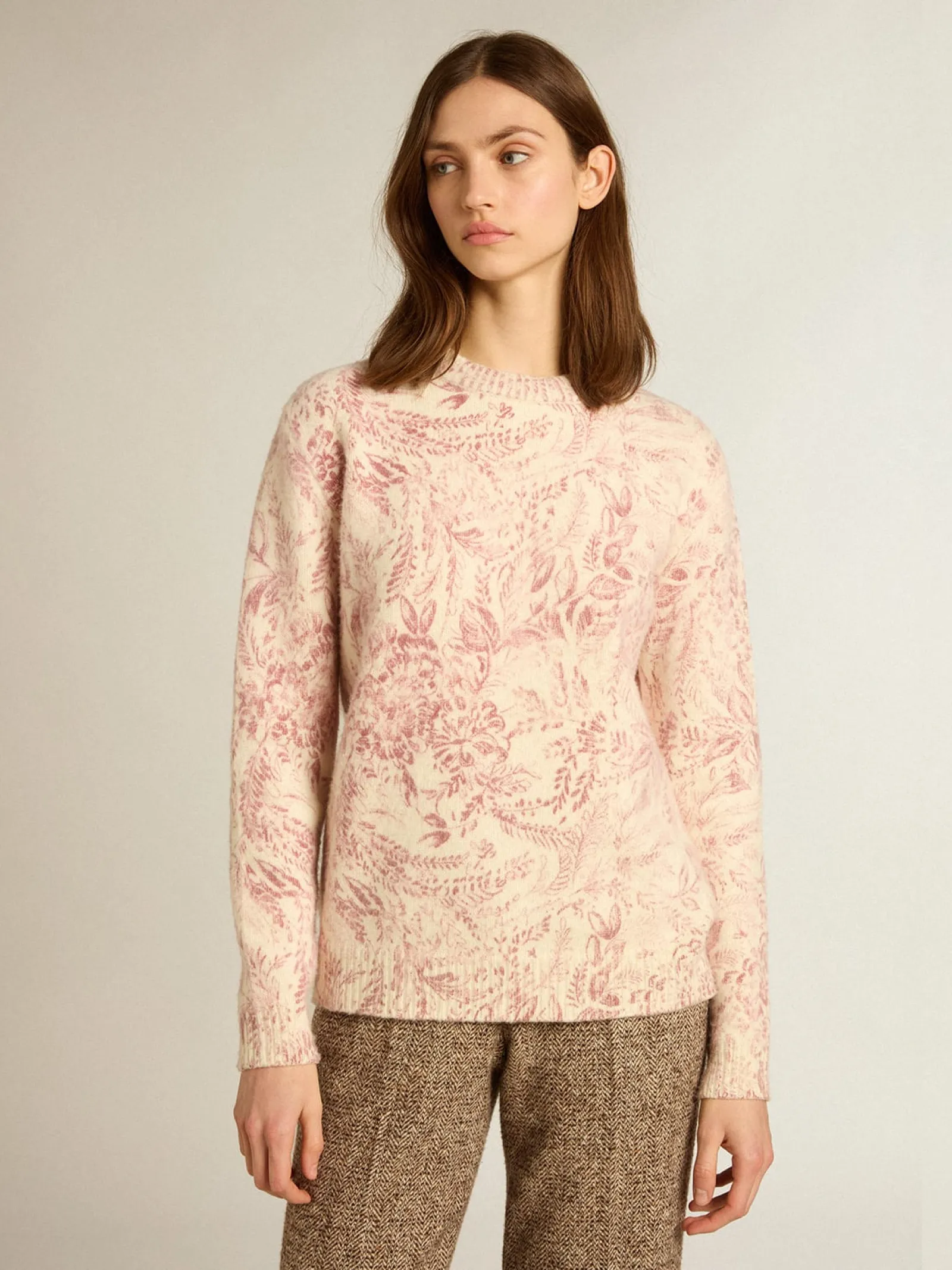 Shop Golden Goose Pulôver de gola redonda feminino de lã com estampa toile de jouy all over Coleção Journey
