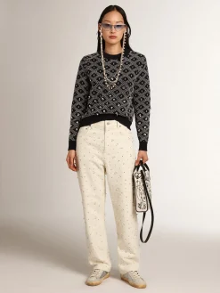 Fashion Golden Goose Pulôver feminino de gola redonda com motivos geométricos brancos e azuis Cor: branco e azul