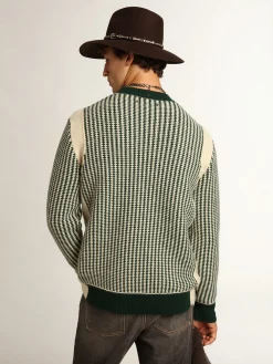 Best Sale Golden Goose Pulôver masculino de gola redonda de lã bicolor branca e verde Cor: branco e verde