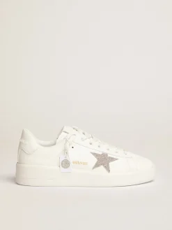 Cheap Golden Goose Purestar feminino de couro branco com estrela de cristais prateados Cor: branco