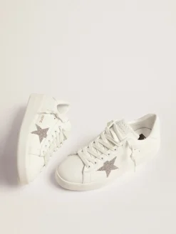 Cheap Golden Goose Purestar feminino de couro branco com estrela de cristais prateados Cor: branco