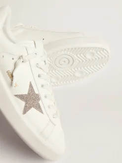 Cheap Golden Goose Purestar feminino de couro branco com estrela de cristais prateados Cor: branco