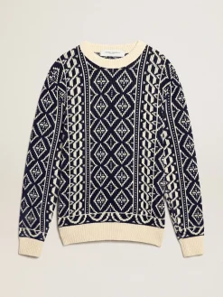 Sale Golden Goose Round-neck sweater with geometric pattern parchment and blue