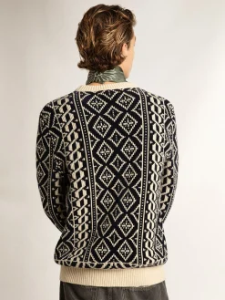 Sale Golden Goose Round-neck sweater with geometric pattern parchment and blue