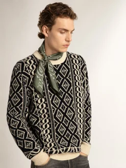 Sale Golden Goose Round-neck sweater with geometric pattern parchment and blue