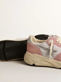 Best Golden Goose Running Sole de tela cinza e suede com estrela de glitter prateado Cabedal de tela cinza e suede rosa antigo