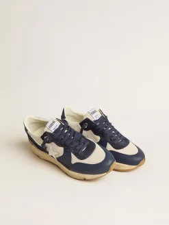 Discount Golden Goose Running Sole de tela creme e couro azul com estrela de couro branca Cabedal de tela creme e couro azul