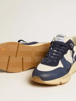 Discount Golden Goose Running Sole de tela creme e couro azul com estrela de couro branca Cabedal de tela creme e couro azul