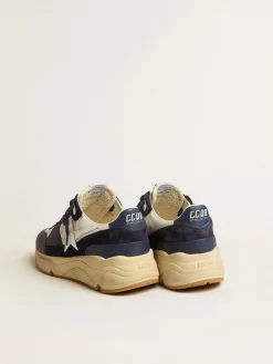 Discount Golden Goose Running Sole de tela creme e couro azul com estrela de couro branca Cabedal de tela creme e couro azul