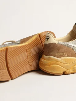 Cheap Golden Goose Running Sole de tela prateada e suede cor tabaco com estrela branca Cabedal de tela prateada e suede cor tabaco