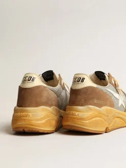 Cheap Golden Goose Running Sole de tela prateada e suede cor tabaco com estrela branca Cabedal de tela prateada e suede cor tabaco