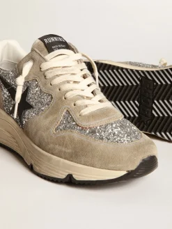 Discount Golden Goose Running Sole feminino em glitter prateado e suede havana-rosado Cabedal de glitter prateado com inserções de suede havana-rosado