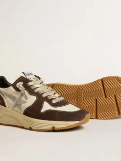 Hot Golden Goose Running Sole LTD de napa e suede marrom com estrela de cristais Swarovski Cabedal de napa branca com inserções de suede marrom