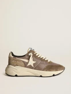 Shop Golden Goose Running Sole masculino de tela verde-oliva e couro com estrela creme Cabedal verde-oliva de tela com inserções de couro tom sobre tom