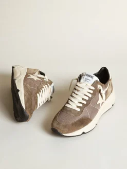 Shop Golden Goose Running Sole masculino de tela verde-oliva e couro com estrela creme Cabedal verde-oliva de tela com inserções de couro tom sobre tom