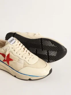 Sale Golden Goose Running Sole Masculino LTD de náilon bege com estrela de couro vermelho Cabedal de náilon bege