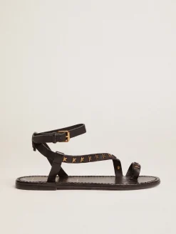 New Golden Goose Sandália rasteira Feminina de couro preto com estrelas douradas Cabedal em couro preto