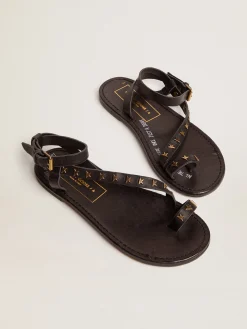 New Golden Goose Sandália rasteira Feminina de couro preto com estrelas douradas Cabedal em couro preto