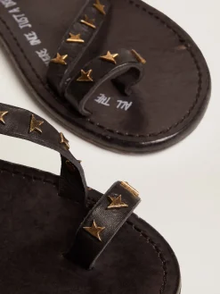 New Golden Goose Sandália rasteira Feminina de couro preto com estrelas douradas Cabedal em couro preto