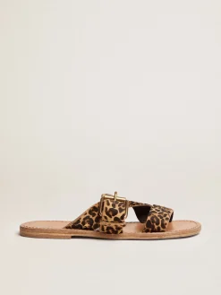 Clearance Golden Goose Sandália rasteira Feminina de couro cavalinho com estampa de leopardo Cabedal em cavalino com estampa de leopardo bege e marrom
