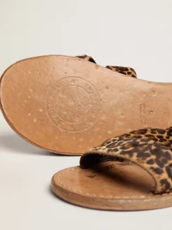 Clearance Golden Goose Sandália rasteira Feminina de couro cavalinho com estampa de leopardo Cabedal em cavalino com estampa de leopardo bege e marrom