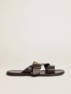Fashion Golden Goose Sandália rasteira Feminina de couro resinado preto Cabedal em couro resinado preto