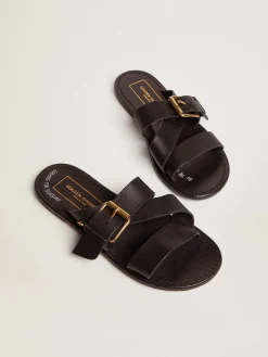 Fashion Golden Goose Sandália rasteira Feminina de couro resinado preto Cabedal em couro resinado preto
