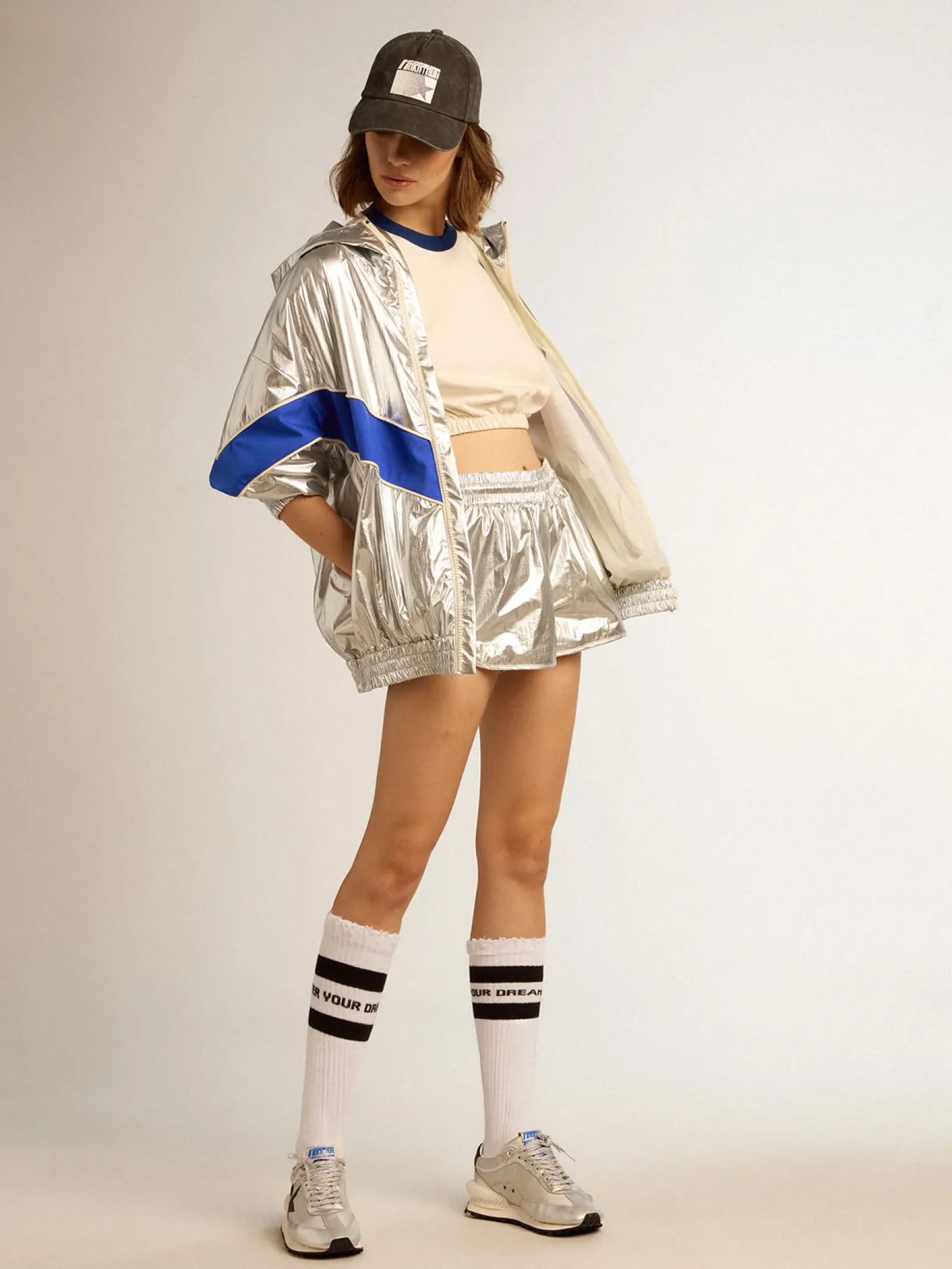 Best Sale Golden Goose Short de corrida feminino de tecido prateado Cor: prateado