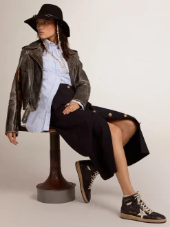 Best Sale Golden Goose Sky-Star feminino de napa preta com estrela branca Cabedal de napa preta