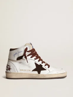 Store Golden Goose Sky-Star Feminino de napa branca com estrela de suede chocolate Cabedal de napa branca