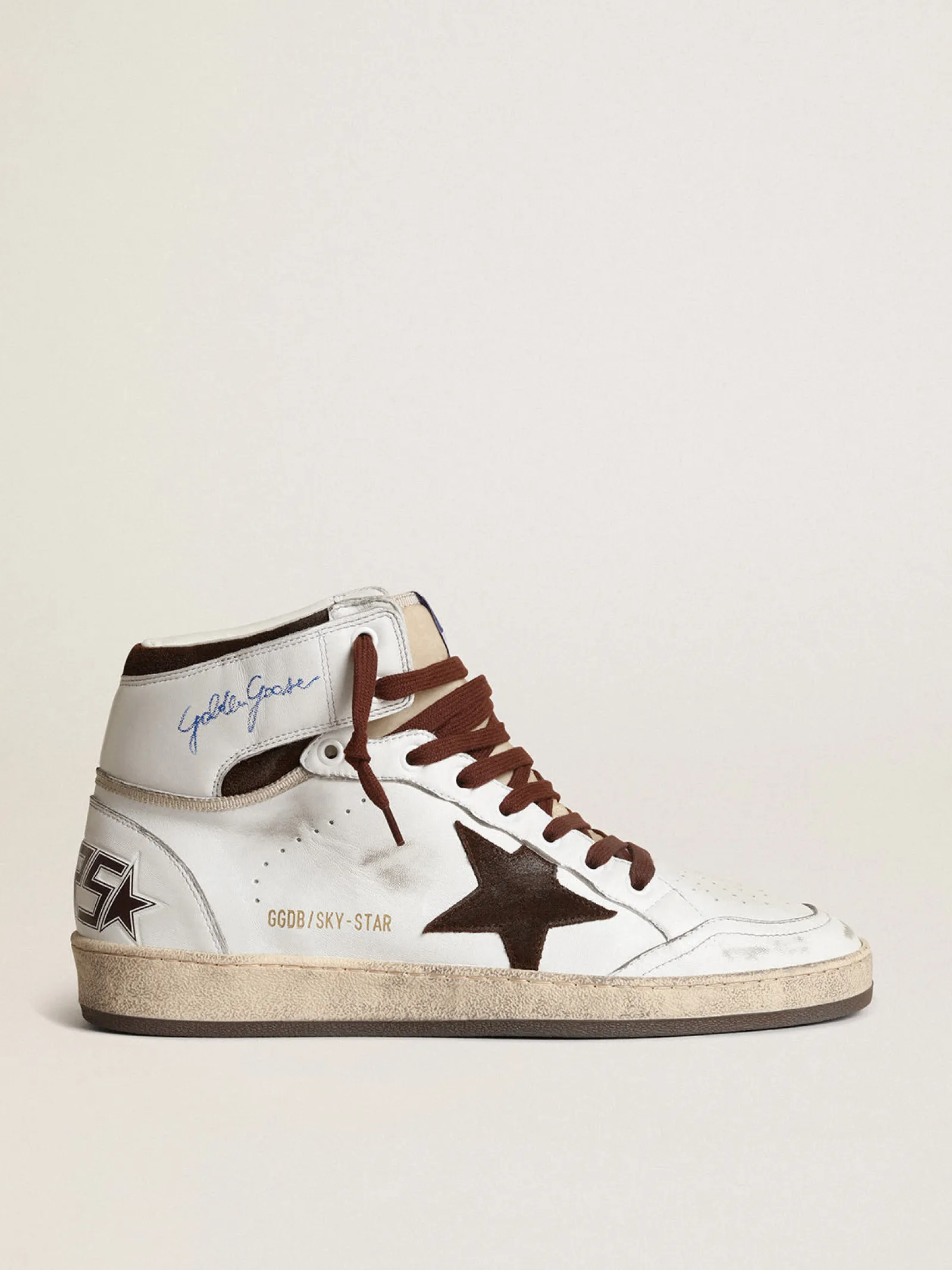 Best Sale Golden Goose Sky-Star Masculino de napa branca com estrela de suede chocolate Cabedal de napa branca