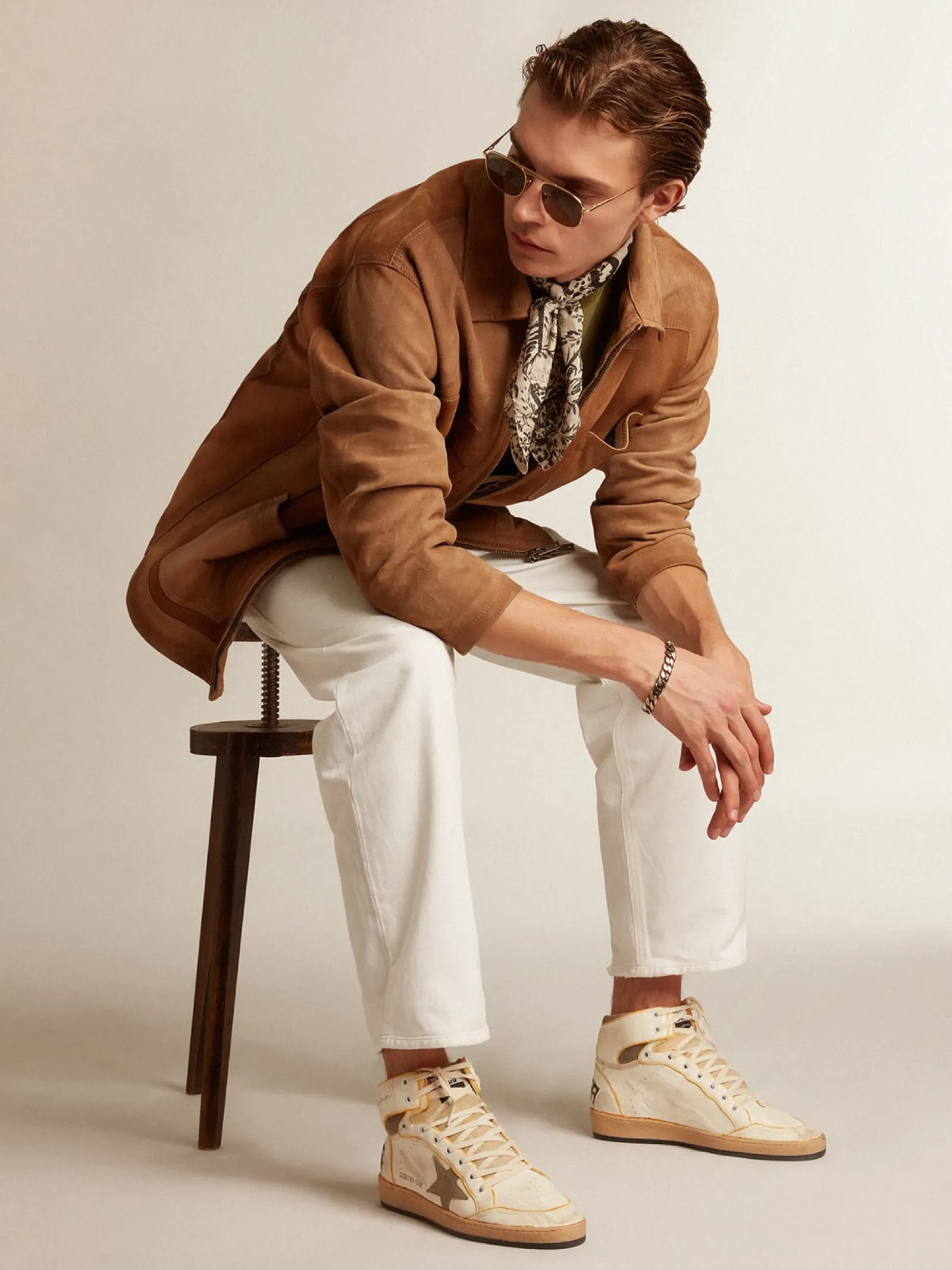 Store Golden Goose Sky-Star Masculino de napa branca com estrela de suede havana-rosado Cabedal de napa branca de efeito amarelado