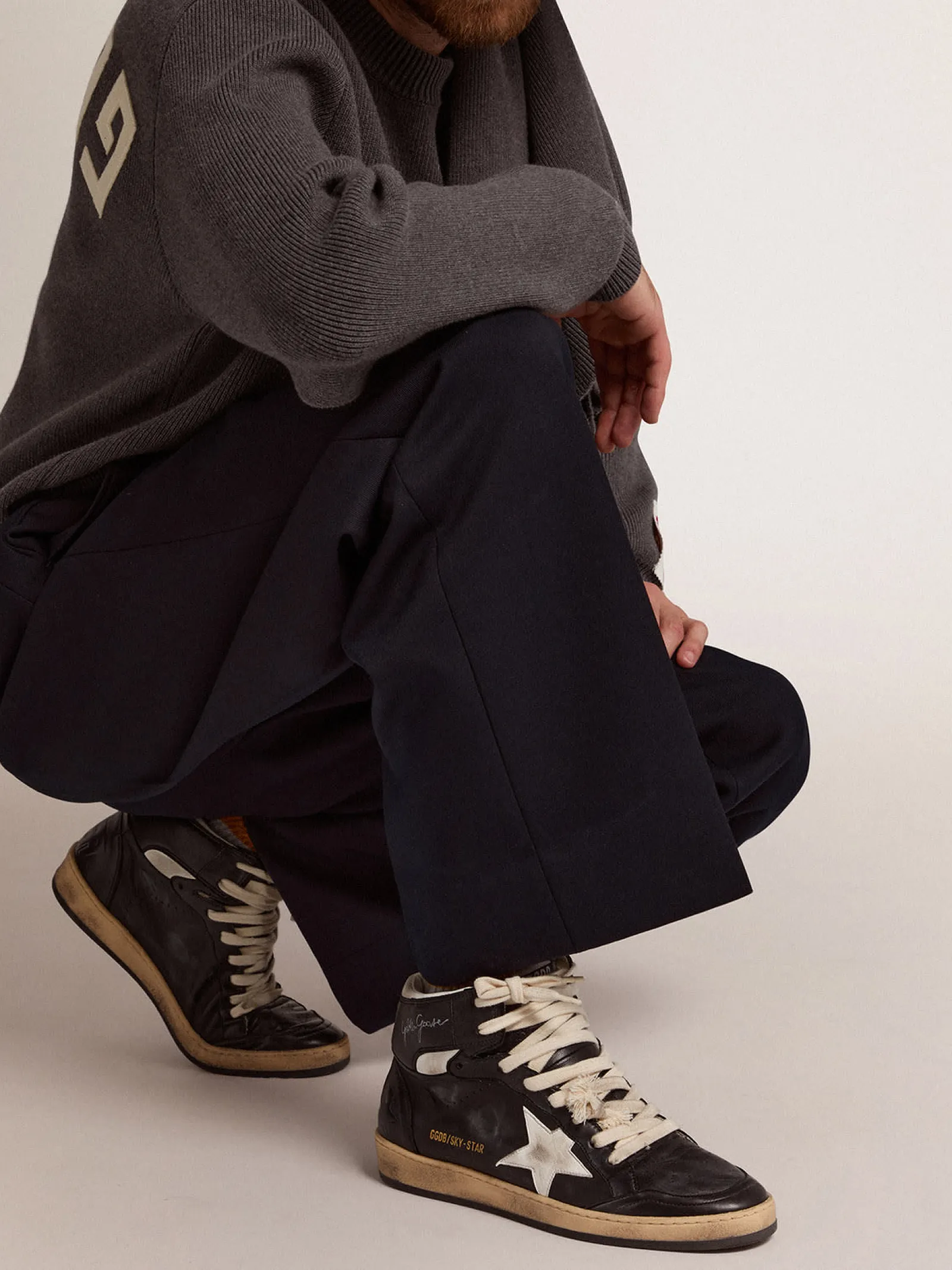 New Golden Goose Sky-Star masculino de napa preta com estrela branca Cabedal de napa preta