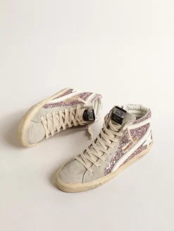 Discount Golden Goose Slide de glitter lilás com estrela e lista de couro branco Cabedal de glitter lilás