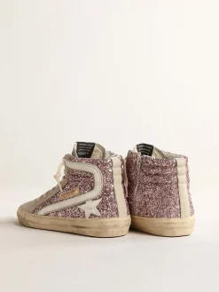 Discount Golden Goose Slide de glitter lilás com estrela e lista de couro branco Cabedal de glitter lilás