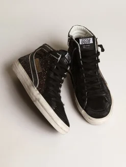 Clearance Golden Goose Slide de glitter marrom com estrela e lista de couro preto Cabedal de glitter marrom e suede preto