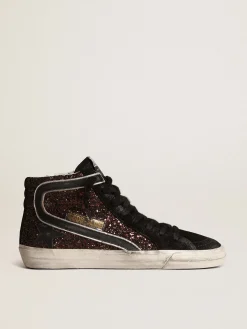 Clearance Golden Goose Slide de glitter marrom com estrela e lista de couro preto Cabedal de glitter marrom e suede preto
