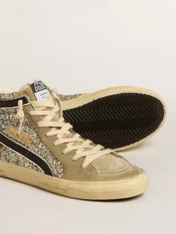 Sale Golden Goose Slide de glitter platinado com estrela de cavalinho leopardo e lista preta Cabedal de glitter platinado