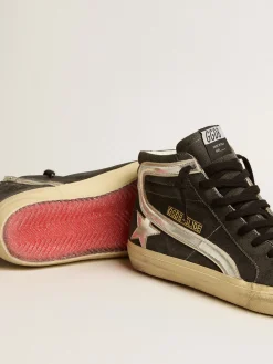 Flash Sale Golden Goose Slide de suede preto com estrela e lista de couro metálico prateado Cabedal de suede preto