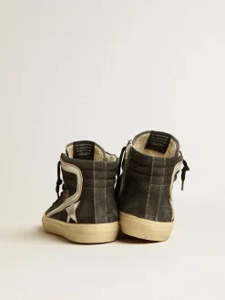 Flash Sale Golden Goose Slide de suede preto com estrela e lista de couro metálico prateado Cabedal de suede preto