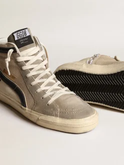 Flash Sale Golden Goose Slide de tela e náilon bege com estrela e lista de couro azul Cabedal de tela e náilon cor bege