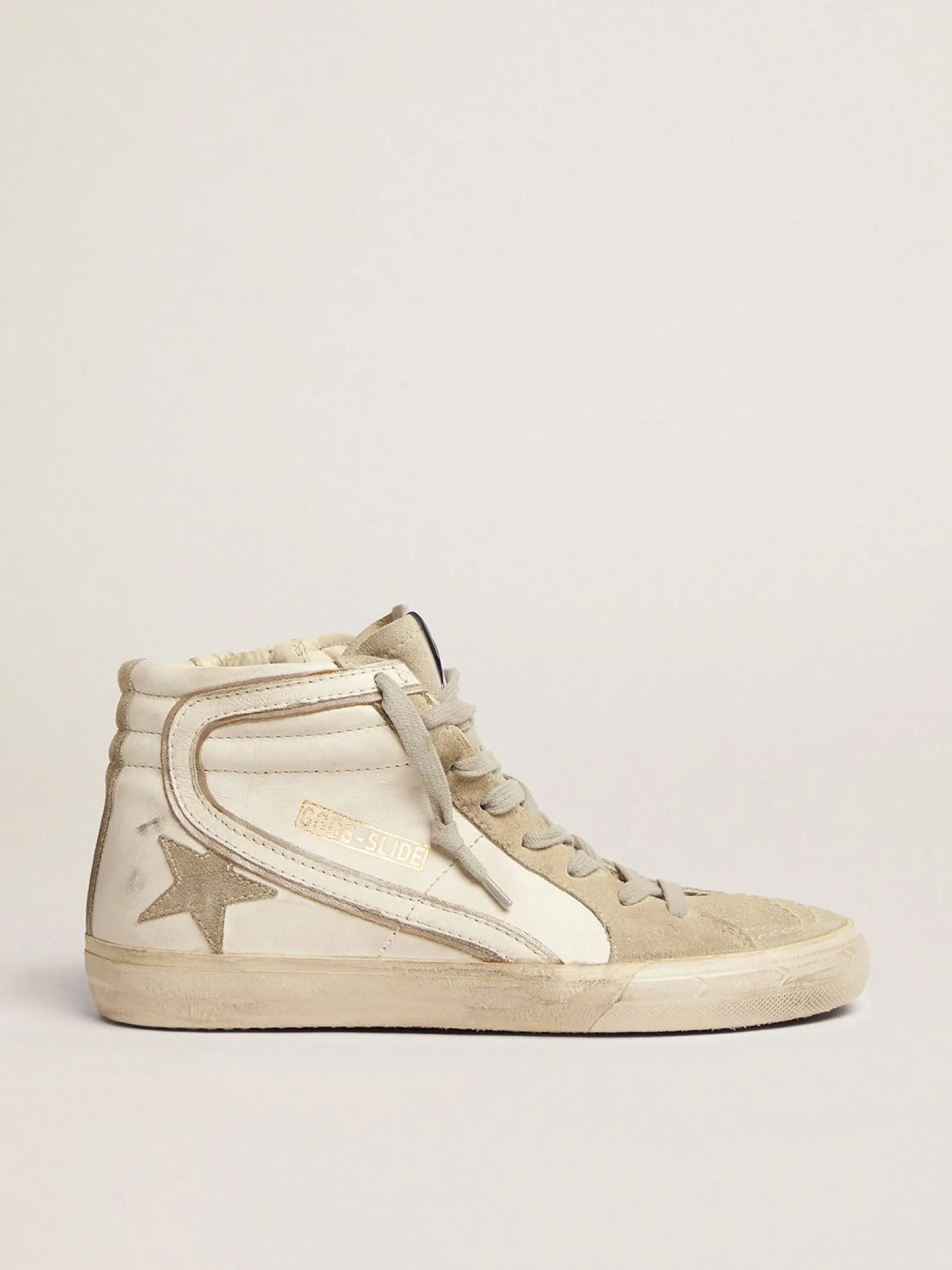 New Golden Goose Slide feminino com estrela de suede cinza gelo e lista branca Cor: branco