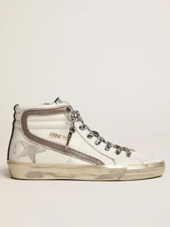 Discount Golden Goose Slide feminino com estrela de suede branco e lista de couro Cor: branco