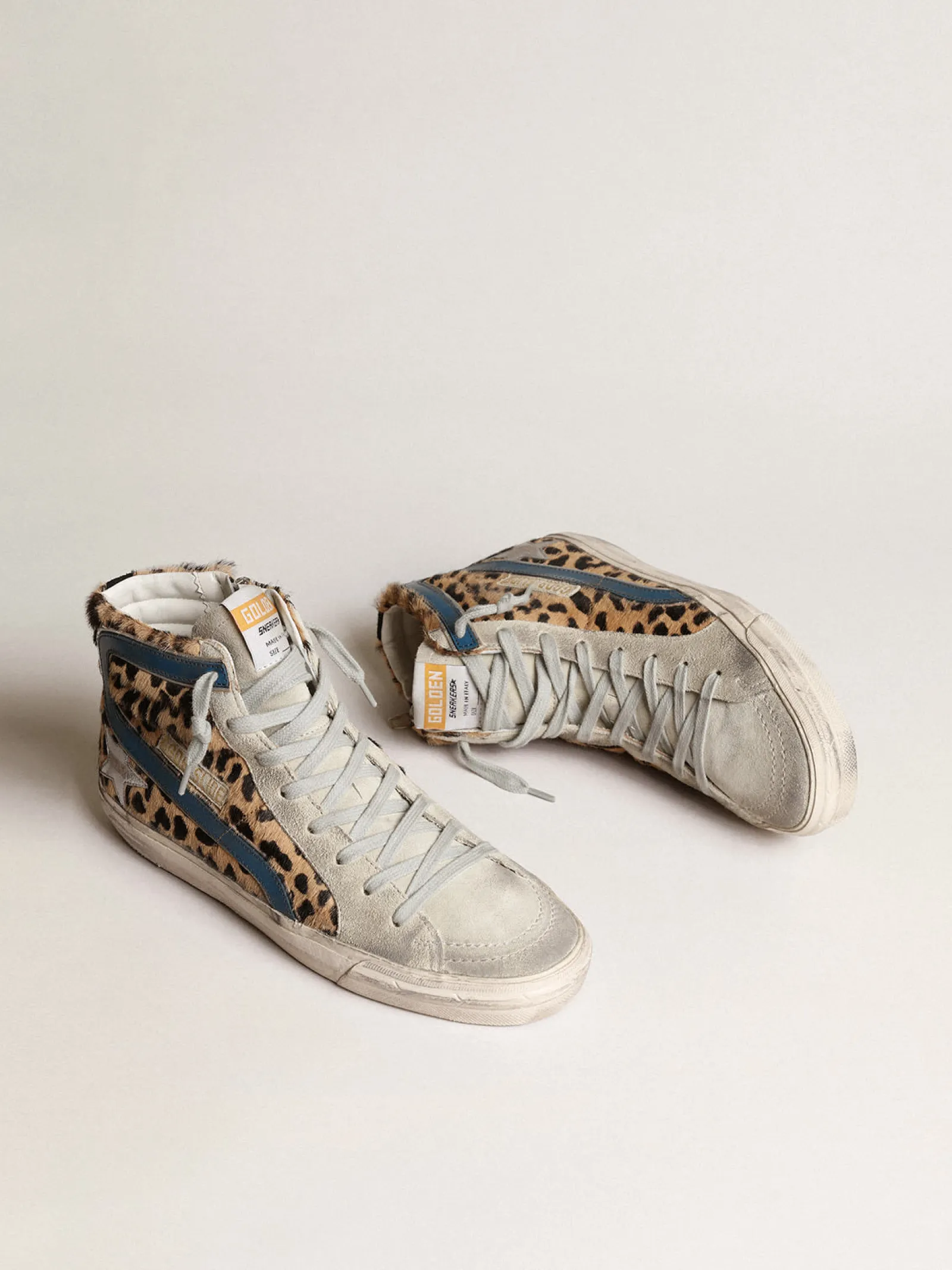 Sale Golden Goose Slide feminino de cavalinho leopardo com estrela de couro prateado Cabedal de couro cavalinho com estampa de leopardo