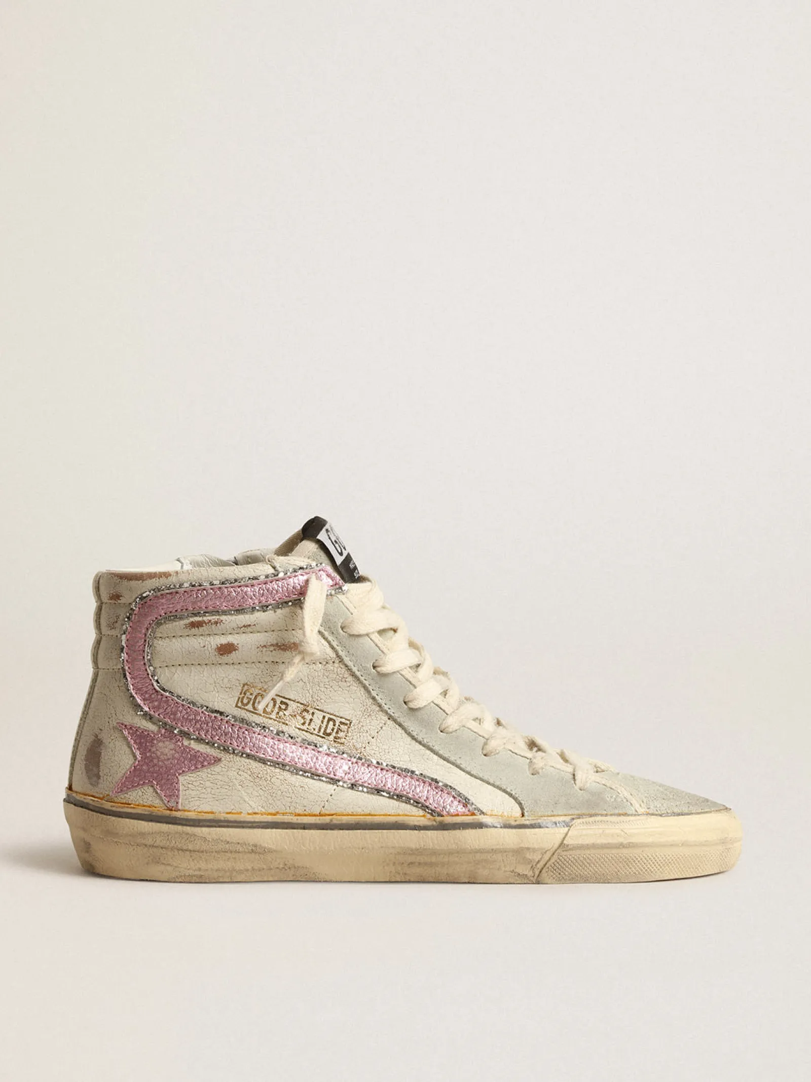 Cheap Golden Goose Slide LTD bege com estrela e lista de couro metálico rosa Cor: bege