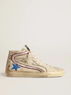 Outlet Golden Goose Slide LTD cru com estrela azul e lista de couro prateado Cor: cru