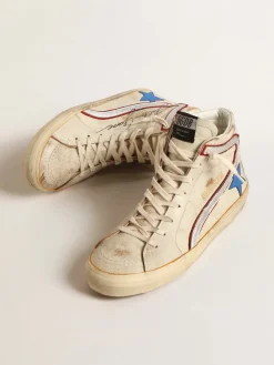 Outlet Golden Goose Slide LTD cru com estrela azul e lista de couro prateado Cor: cru