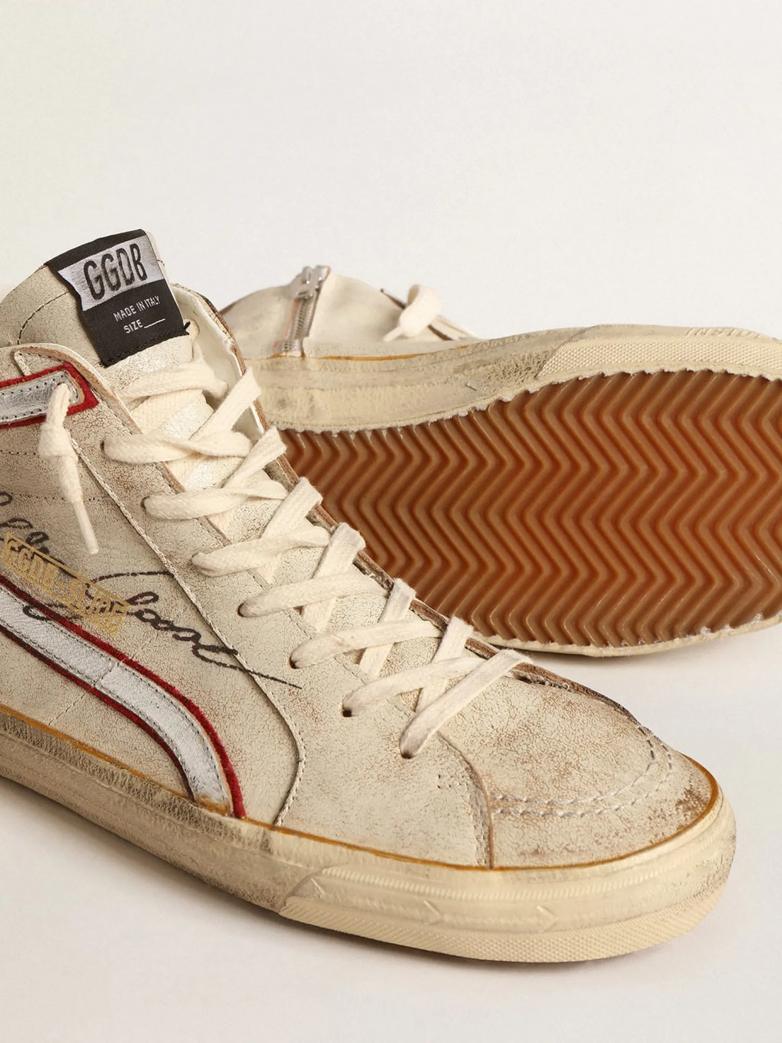 Outlet Golden Goose Slide LTD cru com estrela azul e lista de couro prateado Cor: cru