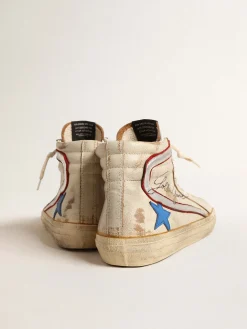 Outlet Golden Goose Slide LTD cru com estrela azul e lista de couro prateado Cor: cru
