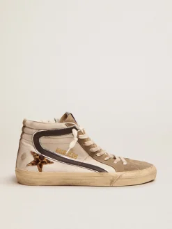 Shop Golden Goose Slide Masculino com estrela de couro cavalinho estampa leopardo e lista preta Cabedal em napa branca
